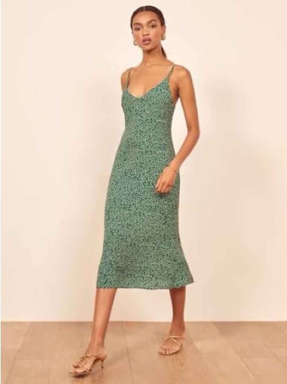 Reformation Green Printed Slip Midi Dress - Alexandra